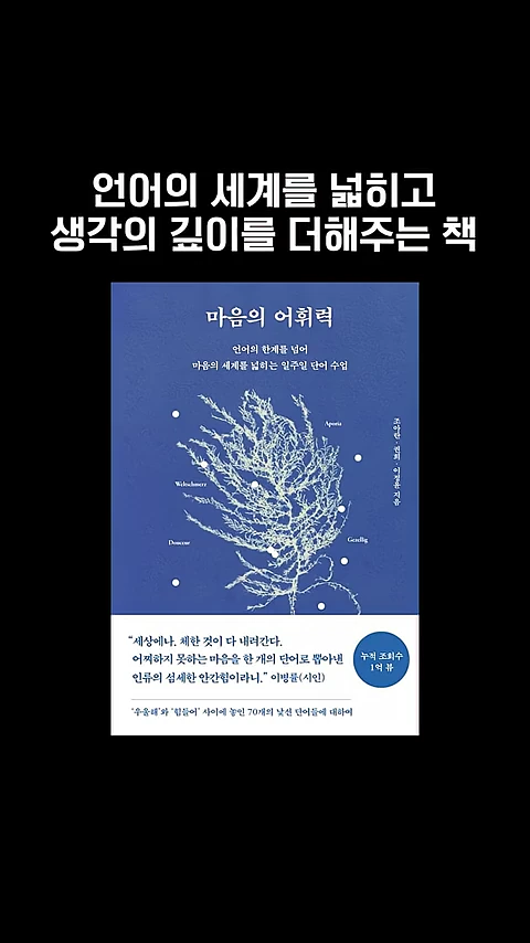 배경이 검은색인 화면 상단에 '언어의 세계를 넓히고 생각의 깊이를 더해주는 책'이라는 문구가 있고, 중앙에는 파란색 표지의 도서 '마음의 어휘력'이 배치되어 있습니다.