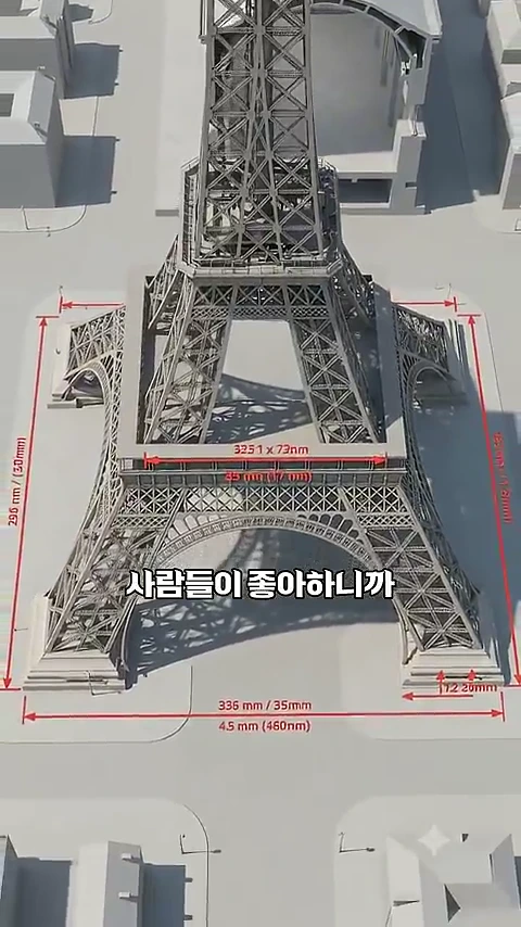에펠탑의 하단부와 주변 지형을 나타내는 3D 디지털 모델링 화면으로, 건축물의 크기와 규격이 빨간색 선과 숫자로 상세히 표시되어 있음.