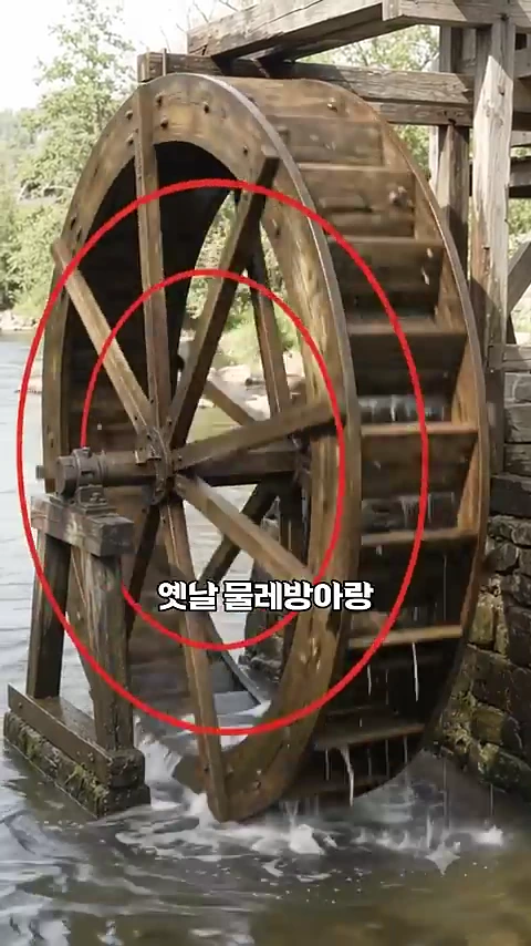 강물 위에서 회전하는 거대한 나무 물레방아에 빨간색 동그라미 두 개가 강조 표시되어 있고, 그 아래에 한국어로 '옛날 물레방아랑'이라는 자막이 적혀 있습니다.