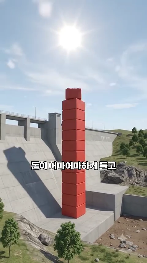 실사 느낌의 3D 그래픽으로 구현된 댐 이미지 앞에 빨간색 정육면체 블록들이 수직으로 높게 쌓여 있다.