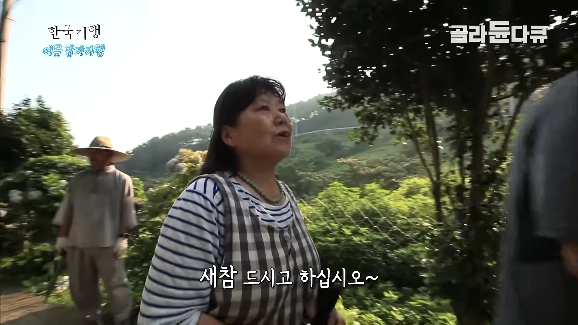 푸른 숲이 우거진 산속 암자에서 줄무늬 티셔츠에 체크무늬 앞치마를 두른 여성이 말을 건네고 있고, 뒤편에는 밀짚모자를 쓴 남성이 서 있는 영상 장면.