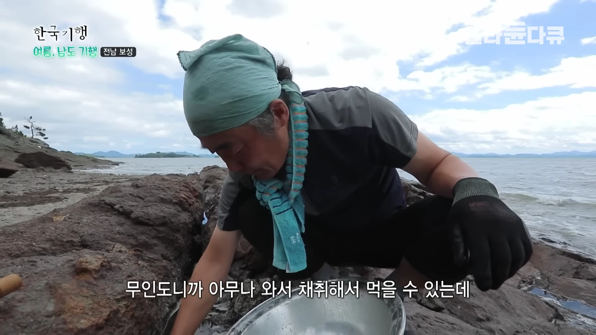 두건을 쓰고 장갑을 낀 중년 남성이 해변의 갯바위에 쪼그려 앉아 바구니에 고동을 채취하고 있다.