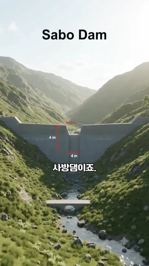 산골짜기 사이에 설치된 콘크리트 구조물의 3D 모델로, 중앙에 4미터 높이와 너비의 홈이 파여 있고 'Sabo Dam'이라는 글자와 '사방댐이죠'라는 한글 자막이 함께 표시되어 있습니다.