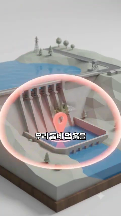 계곡과 사방댐을 묘사한 3D 그래픽으로, 댐 중앙에 분홍색 위치 표시 아이콘과 함께 한국어 자막이 강조되어 있습니다.