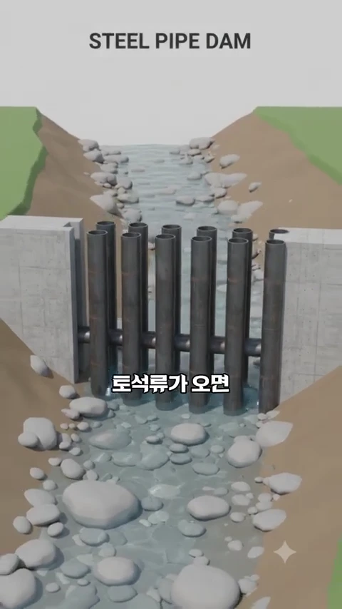 계곡을 가로질러 설치된 수직 강철 파이프 형태의 빗살 구조 슬릿댐을 보여주는 3D 그래픽 영상 화면.
