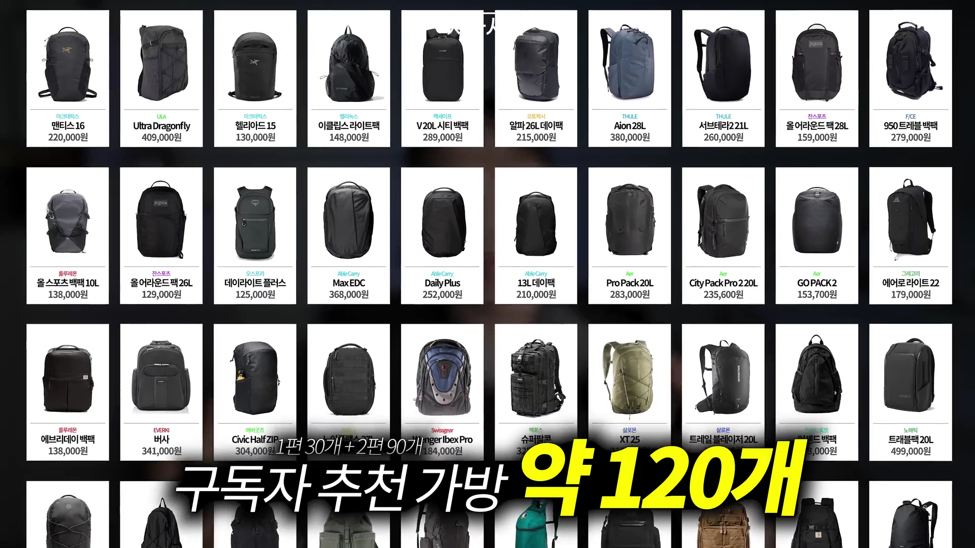 다양한 브랜드와 모델명의 백팩 사진들이 격자무늬로 정리된 목록 화면으로, 각 가방 이미지 아래에 제품명과 가격 정보가 기재되어 있습니다.