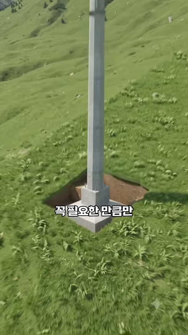 푸른 초원 위에 세워진 케이블카 철탑의 하단부가 지면과 연결된 모습을 위에서 내려다본 모습이며 화면 중앙 하단에 '꼭 필요한 만큼만'이라는 자막이 떠 있다.