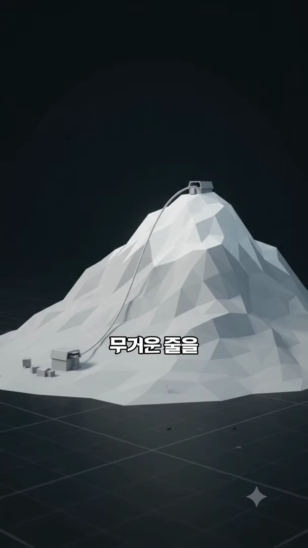 로우 폴리곤 스타일로 묘사된 산 모양의 3D 그래픽 모델에 굵은 줄이 정상까지 연결되어 있고 중앙에 무거운 줄을이라는 한국어 텍스트가 적혀 있다.