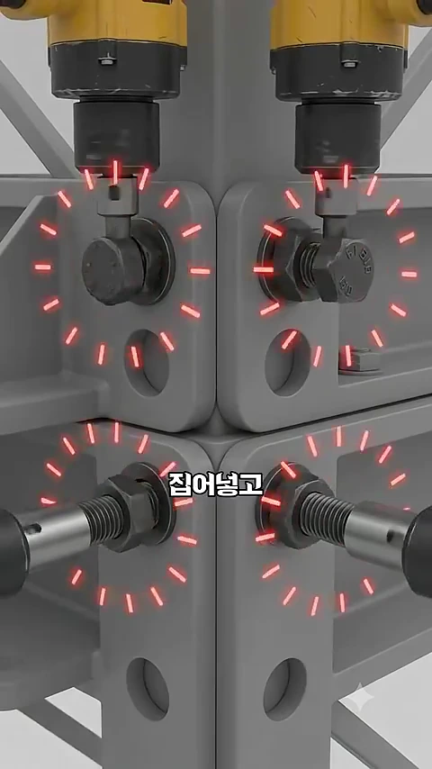 타워크레인의 마스트 연결부에서 볼트가 체결되는 모습을 보여주는 3D 그래픽 영상으로, 강조 표시가 된 원형 구멍에 금속 볼트가 맞물려 들어가는 장면이다.