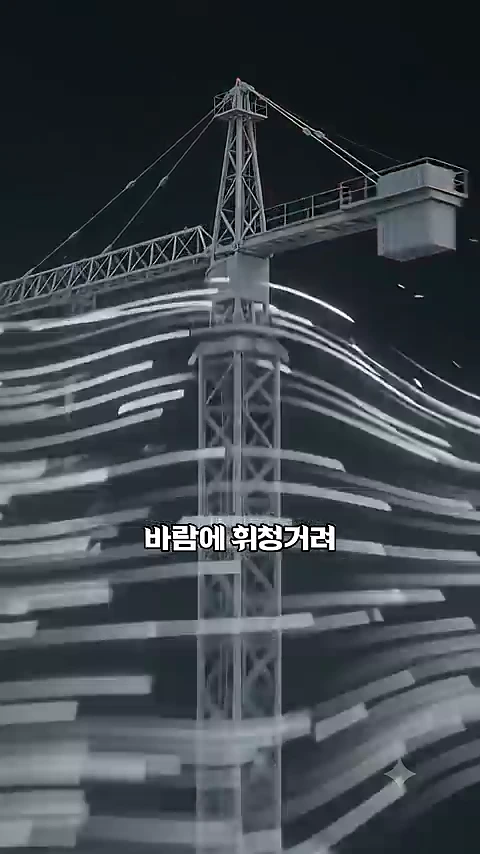 고층 건물의 꼭대기에 설치된 타워크레인이 밤중에 강한 바람을 맞아 흔들리는 모습이 담긴 영상 캡처 화면이며 화면 중앙에 '바람에 휘청거려'라는 자막이 표시되어 있습니다.