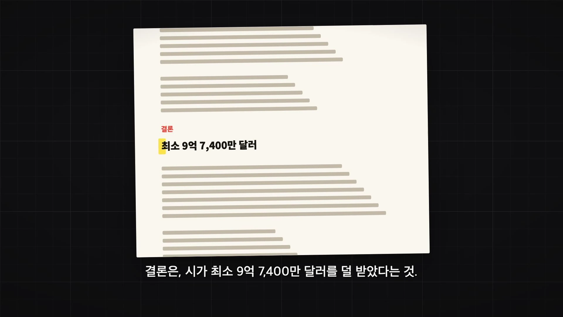 시카고 감사관실의 공식 보고서 내용을 담은 문서 화면으로 '결론'이라는 제목 아래 '최소 9억 7,400만 달러'라는 문구가 하이라이트 처리되어 강조된 모습입니다.
