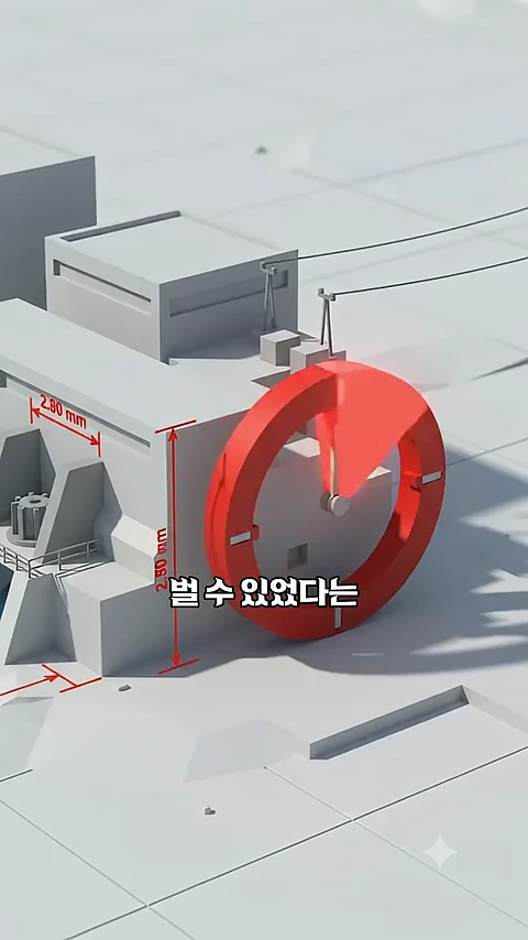 기계 부품과 붉은색 원형 게이지가 표시된 3D 그래픽 영상으로, 수치와 함께 한국어 자막이 합성되어 있습니다.