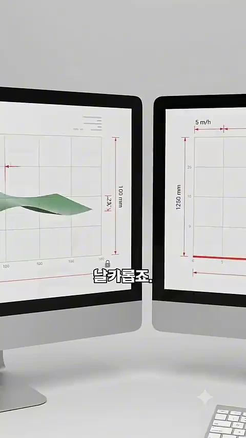 두 개의 모니터 화면에 각각 다른 파형을 나타내는 그래프가 표시되어 있으며, 왼쪽 화면에는 불규칙한 곡선이, 오른쪽 화면에는 직선이 나타나 있습니다.