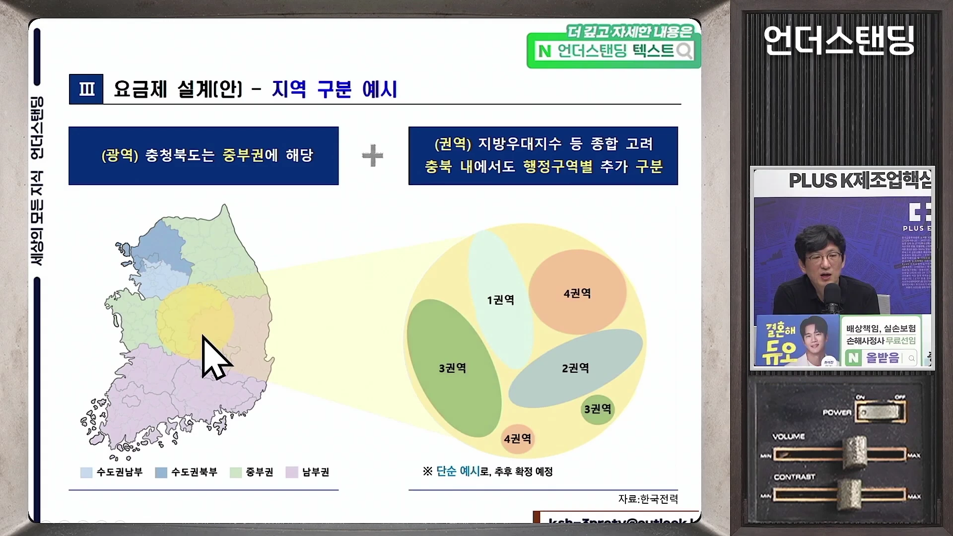 전기요금 차등제 지역 구분 예시를 보여주는 프레젠테이션 화면으로, 왼쪽에는 대한민국 지도에 4개 권역이 색상별로 표시되어 있고 오른쪽에는 권역별 구분 원형 도표가 나타나 있습니다.