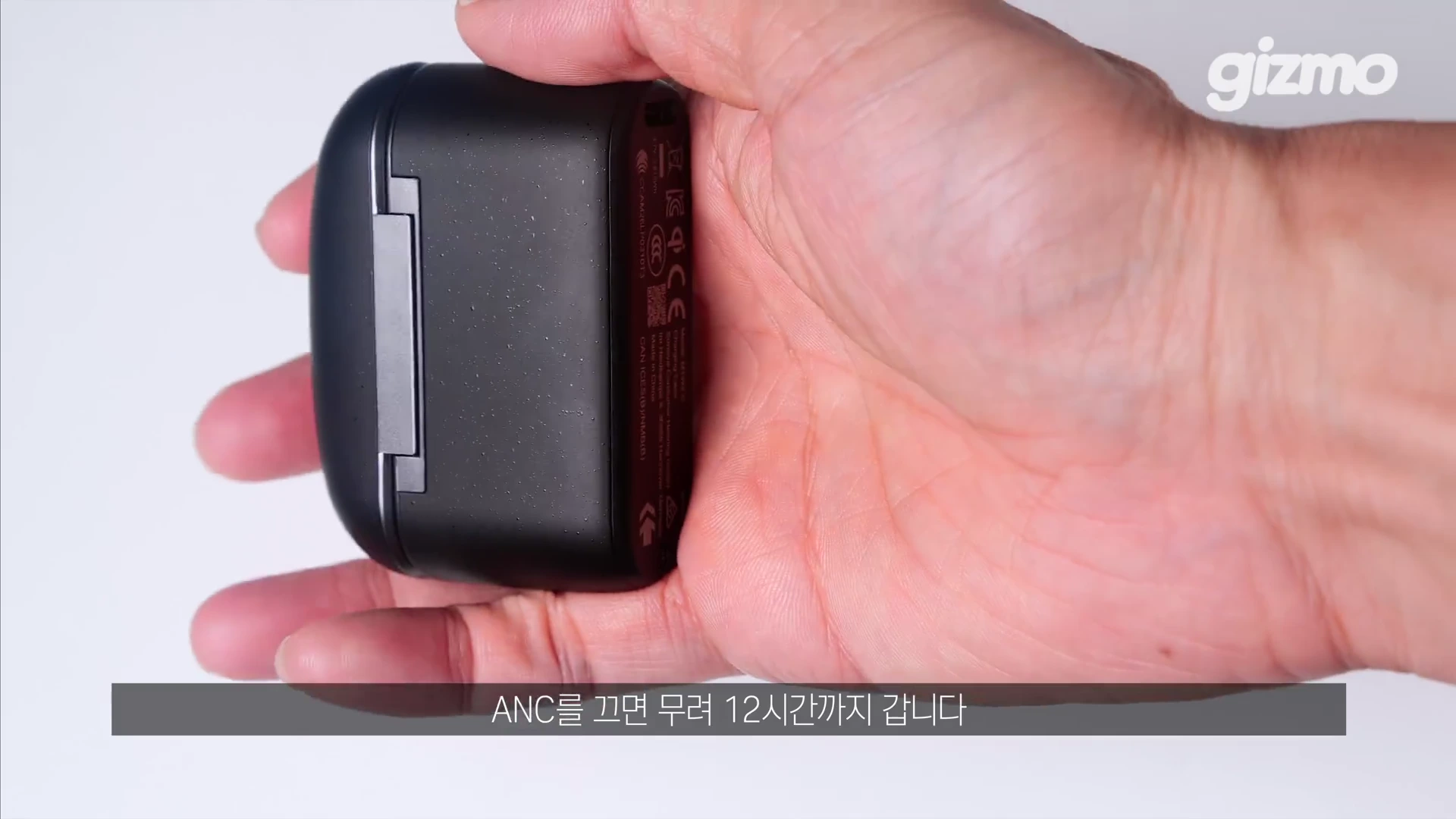 한 손바닥 위에 올려진 검은색 무선 이어폰 충전 케이스의 뒷모습.
