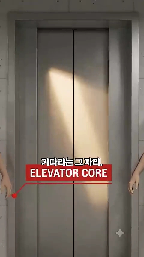 닫혀 있는 금속제 엘리베이터 문 앞에 '기다리는 그자리, ELEVATOR CORE'라는 자막이 빨간색 상자와 함께 표시된 영상 화면.