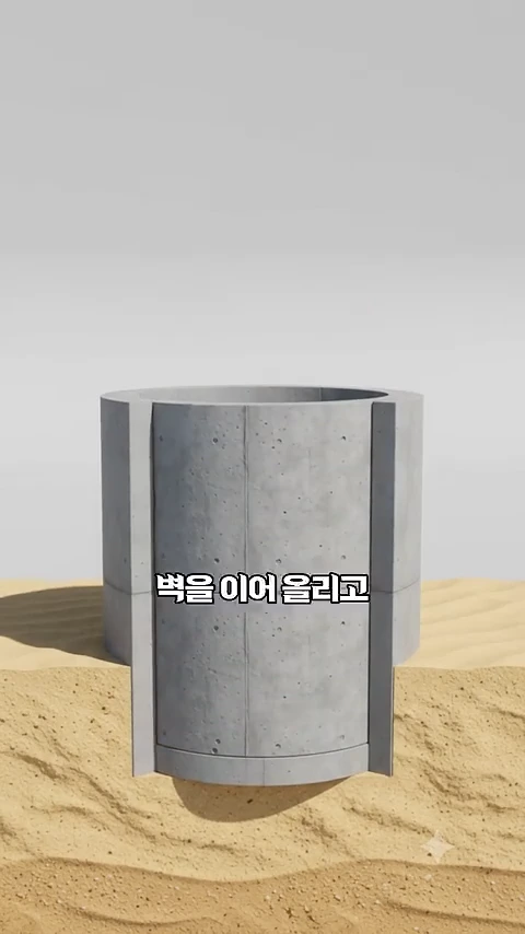 단면이 잘려 나간 모래 지반 위로 원통형 콘크리트 구조물이 박혀 있는 그래픽 이미지입니다.