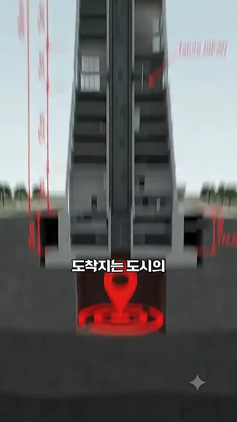 고층 건물의 단면을 보여주는 3D 그래픽으로 건물의 내부 구조와 지하 배수 체계가 붉은색 선과 아이콘으로 강조되어 나타나 있습니다.