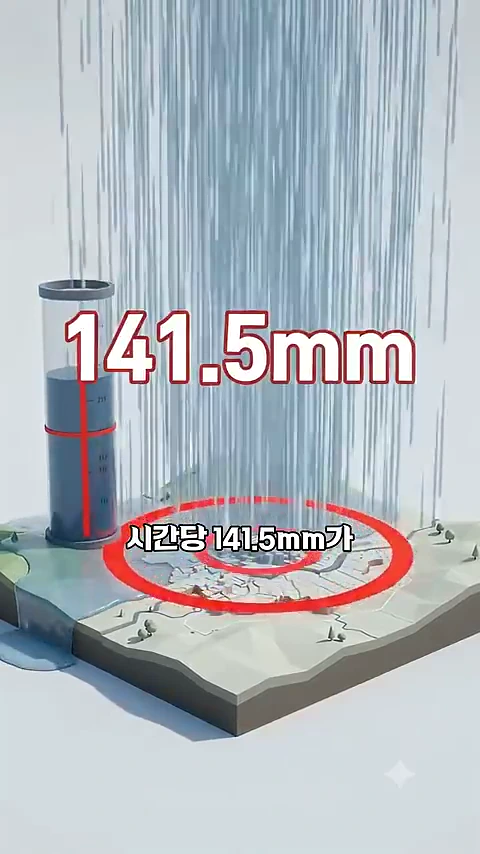 시간당 141.5mm라는 강수량 수치가 적힌 그래픽으로, 쏟아지는 비가 빗물받이와 도시 단면 위로 표현된 모습