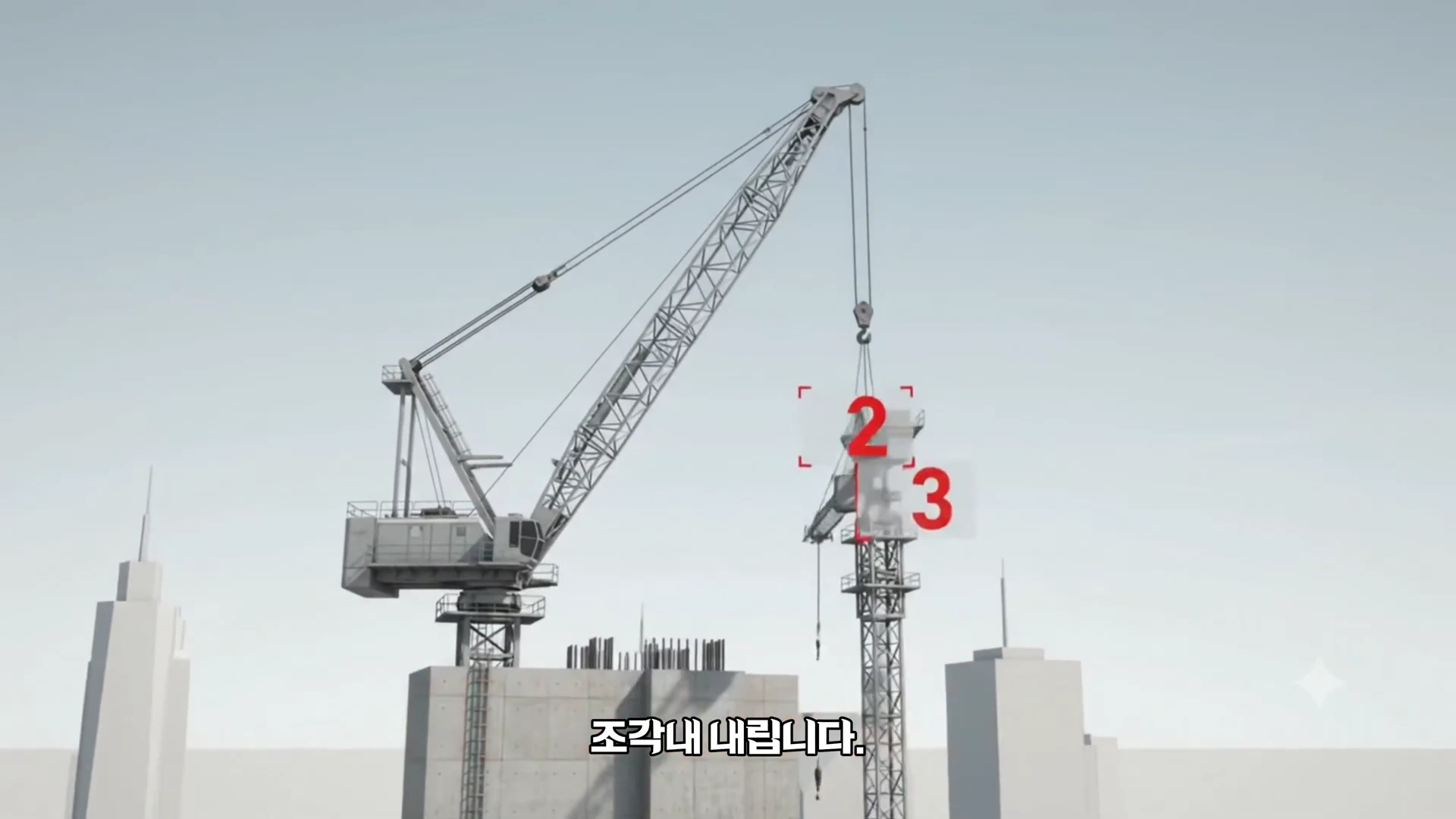 3D 그래픽으로 구현된 타워크레인 해체 작업 모습으로, 큰 크레인이 다른 작은 크레인의 부품을 줄에 매달아 조심스럽게 옮기고 있다.