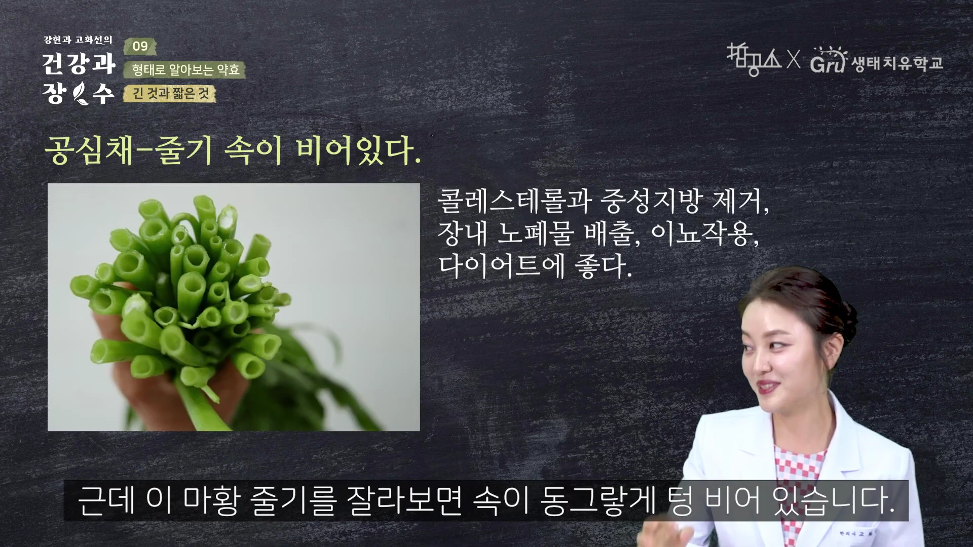 스튜디오에서 진행자가 공심채 줄기의 단면을 보여주는 사진과 함께 관련 효능이 적힌 자막이 포함된 방송 화면