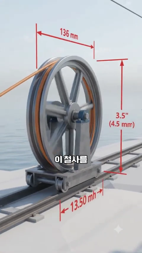 현수교 케이블 제작 과정을 보여주는 3D 그래픽으로, 레일 위를 이동하는 도르래가 철선을 감아 운반하는 모습과 수치 정보가 표시되어 있다.