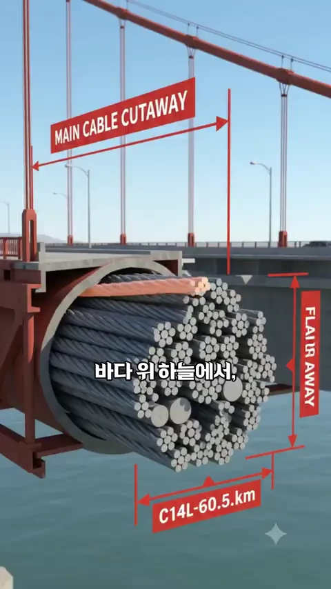 골든게이트 브릿지의 주 케이블 단면을 보여주는 그래픽으로, 수많은 강철 와이어가 묶여 있는 구조와 케이블의 규격이 표시되어 있습니다.