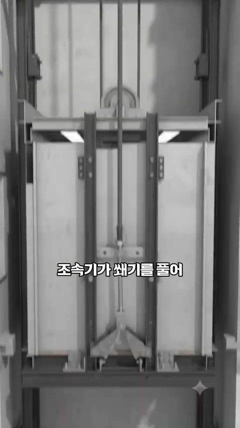엘리베이터의 승강기 상자와 양옆의 수직 레일 구조를 보여주는 기술 도식으로, 중앙에는 '조속기가 쐐기를 풀어'라는 자막이 표시되어 있습니다.