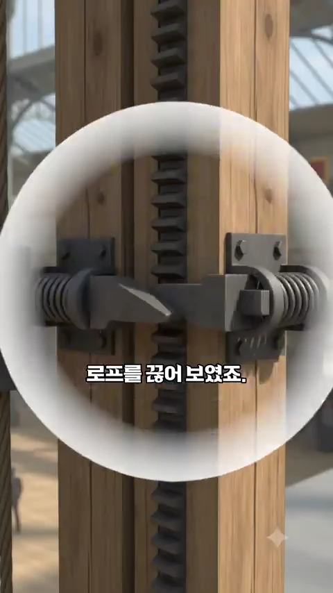 엘리베이터의 안전장치인 톱니 모양의 레일과 이를 꽉 붙잡는 금속 쇠기가 강조된 그래픽 이미지