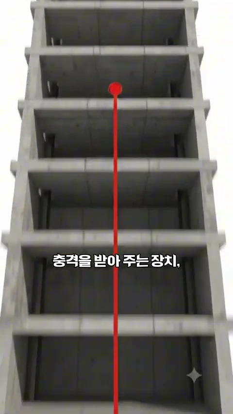 고층 건물의 엘리베이터 승강로 내부를 위에서 아래로 내려다본 3D 그래픽으로, 중앙에 수직으로 내려오는 빨간색 선이 그려져 있고 '충격을 받아 주는 장치'라는 자막이 표시되어 있습니다.
