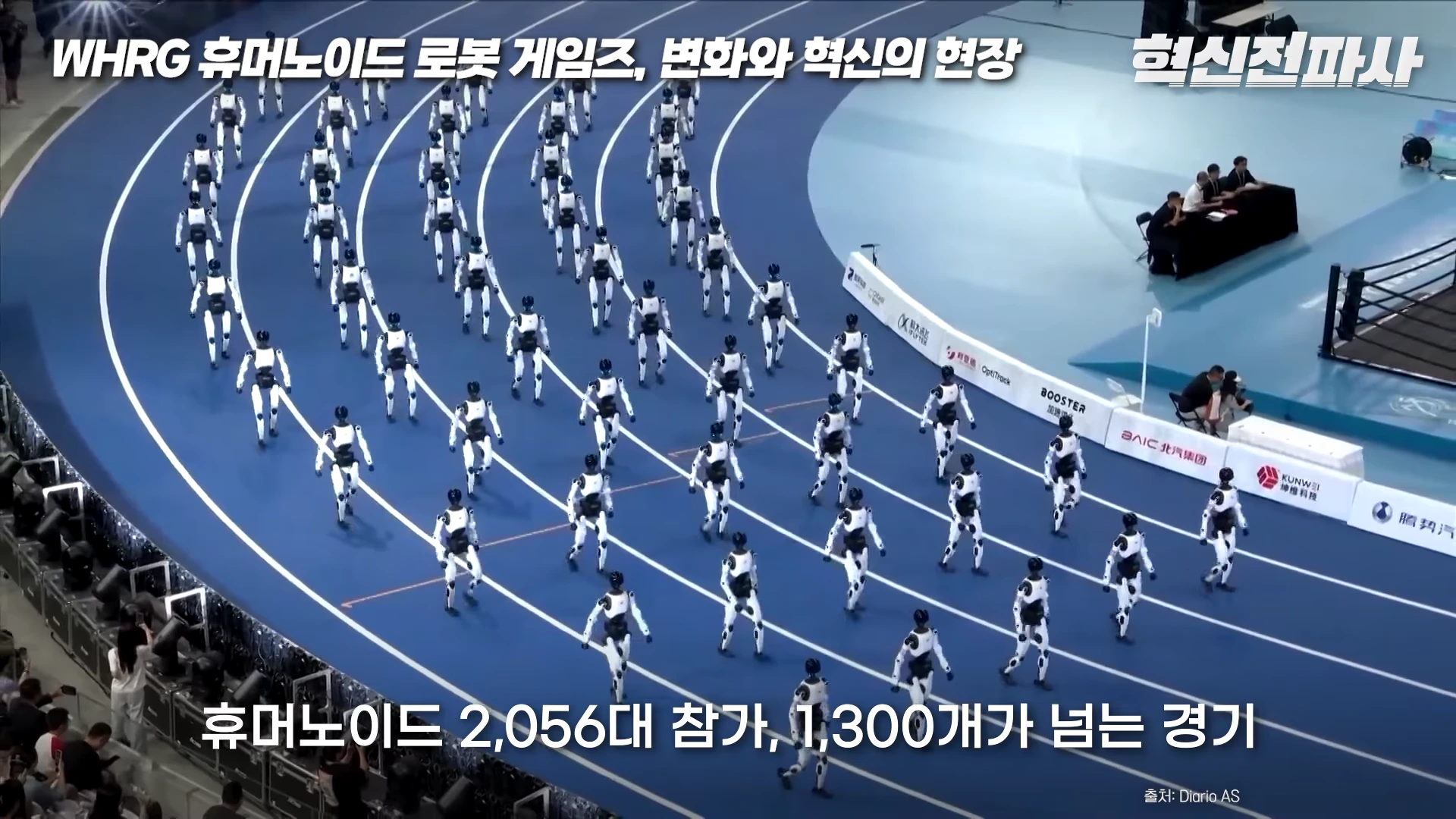 실내 경기장의 푸른 트랙 위에서 수많은 흰색 휴머노이드 로봇들이 줄을 맞춰 질서 정연하게 걷고 있는 모습이 담긴 방송용 영상 캡처 화면입니다.