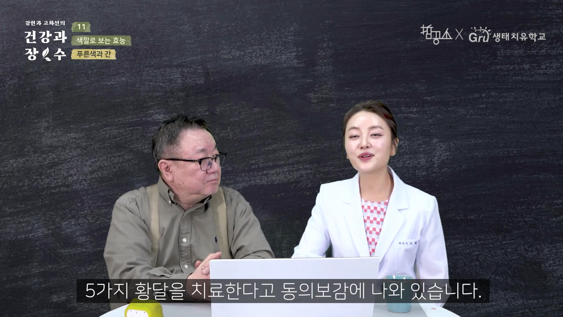 검은색 배경의 스튜디오에서 중년 남성과 흰색 의사 가운을 입은 여성이 테이블 앞에 앉아 대화를 나누고 있으며, 화면 하단에는 '5가지 황달을 치료한다고 동의보감에 나와 있습니다.'라는 자막이 표시되어 있습니다.