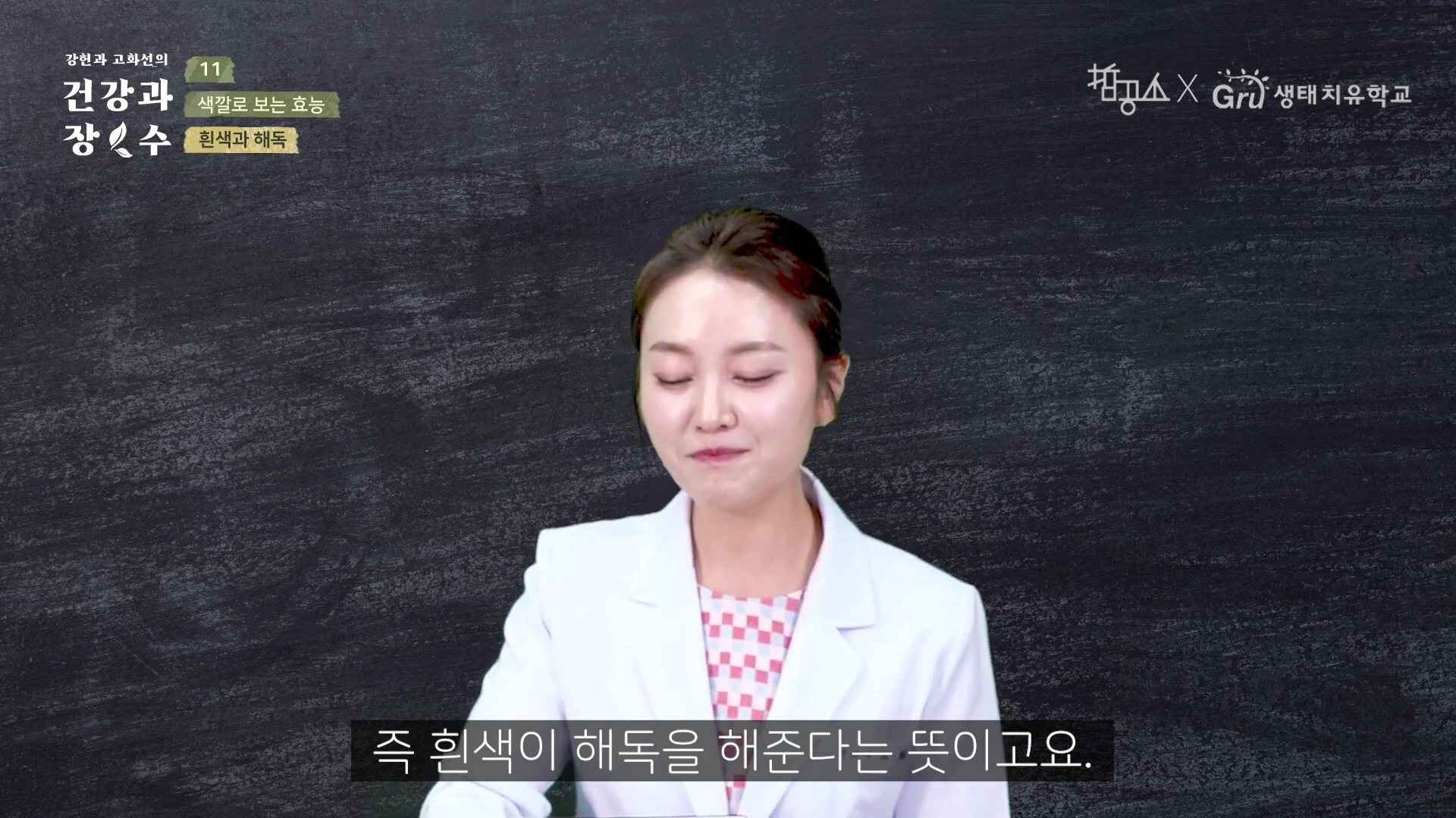 흰색 정장을 입은 여성이 검은 칠판 배경 앞에서 설명을 하고 있으며, 화면 하단에는 '즉 흰색이 해독을 해준다는 뜻이고요.'라는 자막이 표시되어 있습니다.
