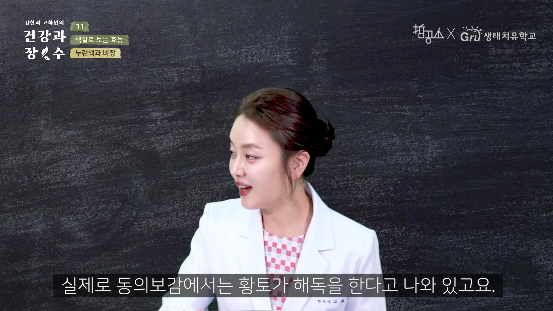 흰색 가운을 입은 여성이 검은색 칠판 배경 앞에서 이야기를 하고 있는 모습이 담긴 방송 화면이며, 화면 왼쪽 상단에는 프로그램 제목과 '누런색과 비장'이라는 자막이 표시되어 있습니다.