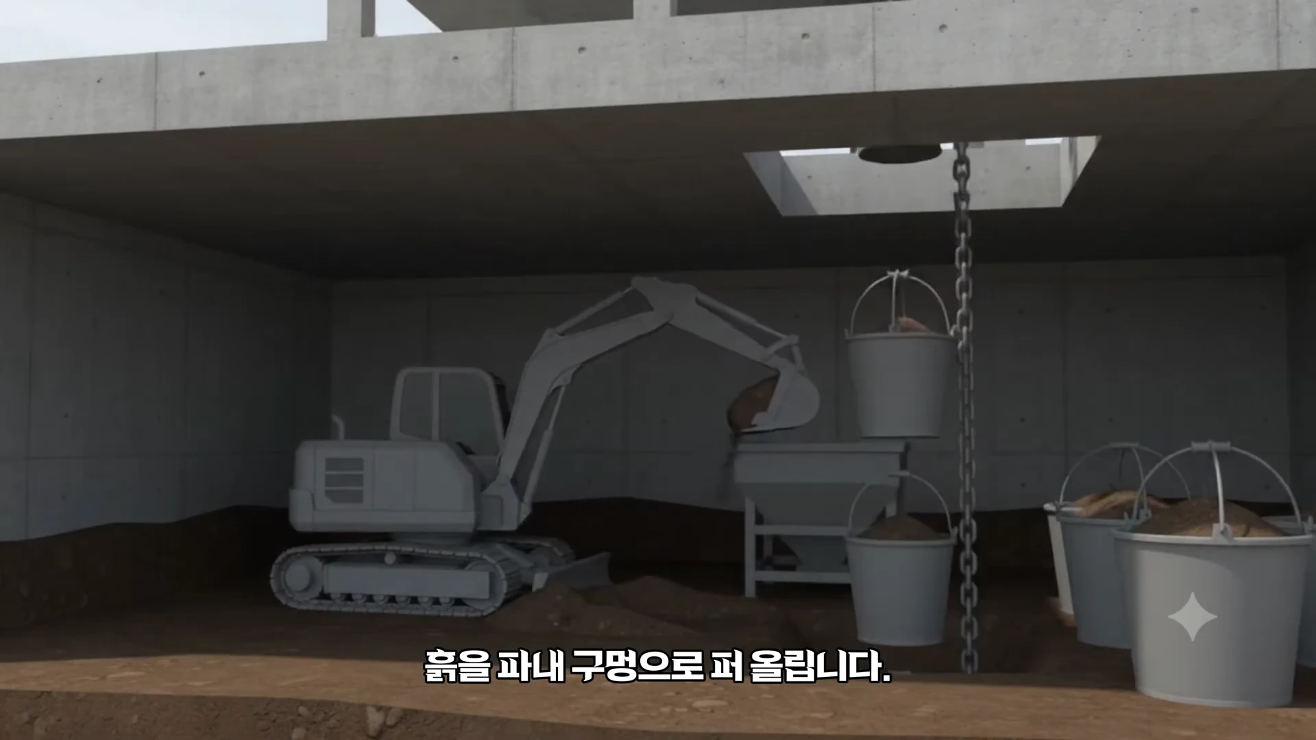 지하 공사 현장을 보여주는 3D 그래픽으로, 굴착기가 바닥의 흙을 파내어 버킷에 담고 있고 그 위쪽 천장에 뚫린 구멍을 통해 버킷이 위로 들어 올려지는 모습