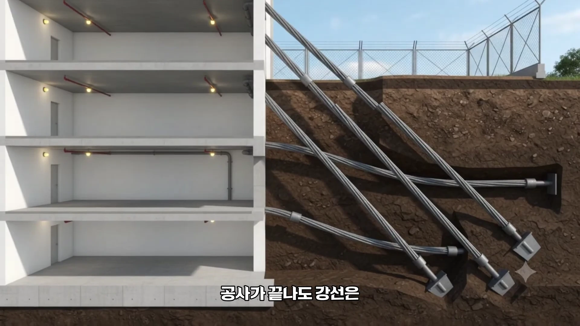 지하 공사 현장을 단면으로 보여주는 3D 그래픽으로, 건물의 콘크리트 벽체에서 비스듬한 각도로 땅속을 향해 뻗어 나가는 여러 개의 금속 케이블이 고정되어 있는 모습.