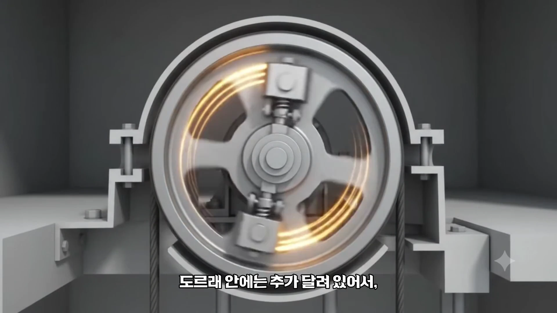 회전하는 금속 도르래 내부에 회전력에 따라 바깥쪽으로 벌어지는 두 개의 추가 부착된 기술적인 3D 그래픽