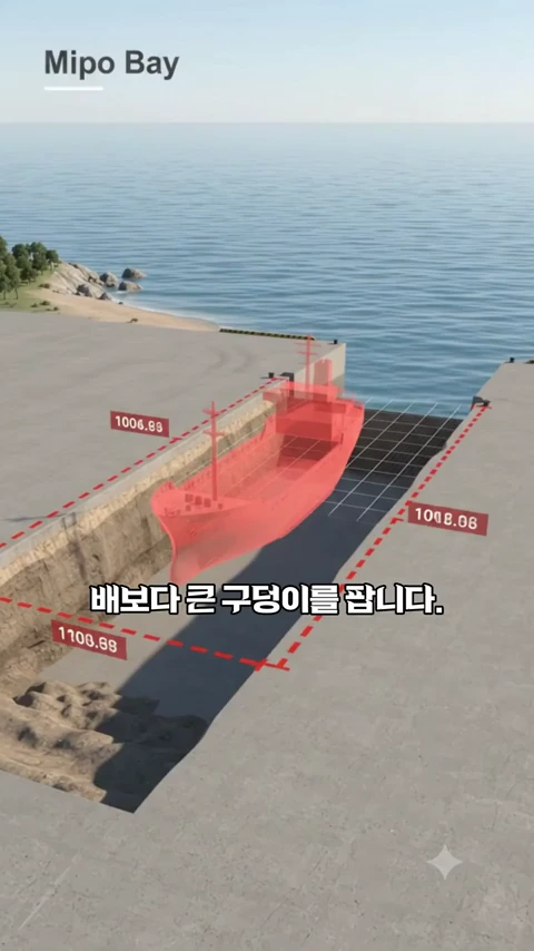 미포만 해안가에 파인 거대한 직사각형 구덩이와 그 안에 붉은색 와이어프레임으로 표현된 선박의 모습이 담긴 3D 그래픽 영상 화면.