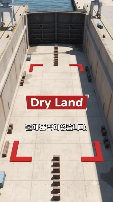 배가 건조되는 텅 빈 거대 독 내부 모습으로, 바닥에는 목재 받침대들이 놓여 있고 입구 쪽에는 육중한 철제 문이 닫혀 있다.