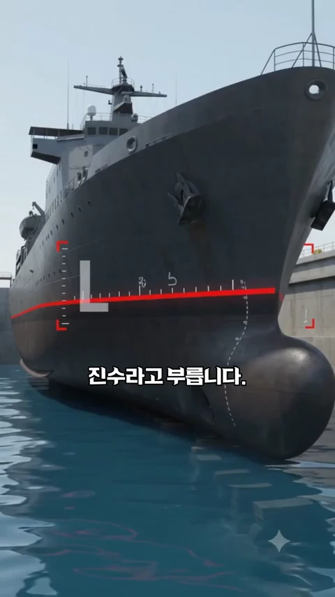 독(dock) 안에 있는 대형 선박의 정면과 선체 하부 모습이 담긴 그래픽 영상의 한 장면입니다.