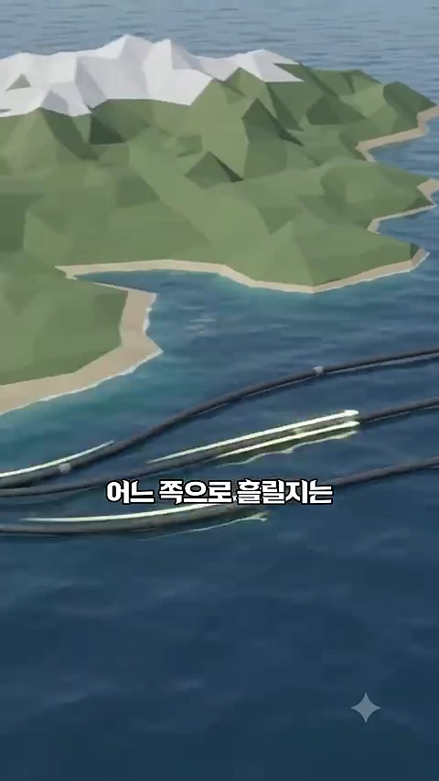 바다 밑을 가로지르는 여러 개의 해저 케이블 그래픽 위에 '어느 쪽으로 흘릴지는'이라는 자막이 떠 있는 모습입니다.