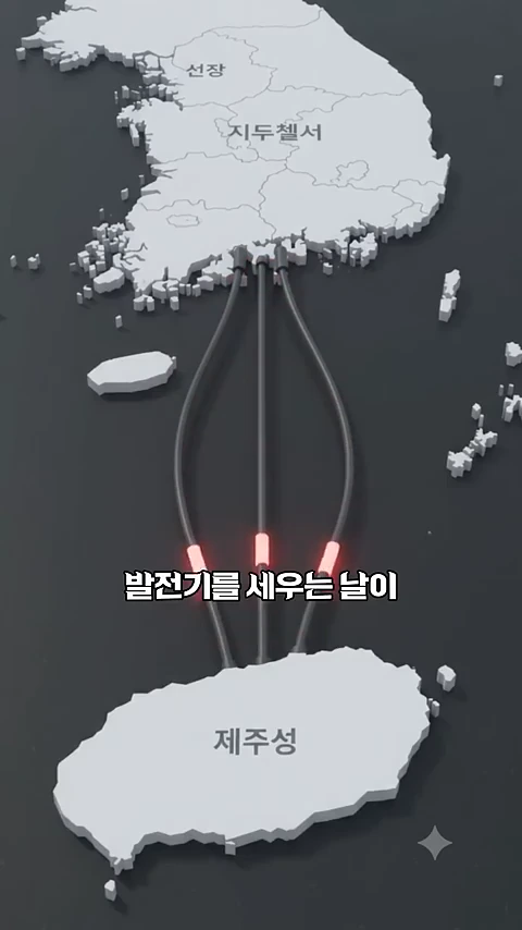 한국 본토와 제주도를 연결하는 세 개의 해저 케이블 노선이 그래픽으로 그려진 지도