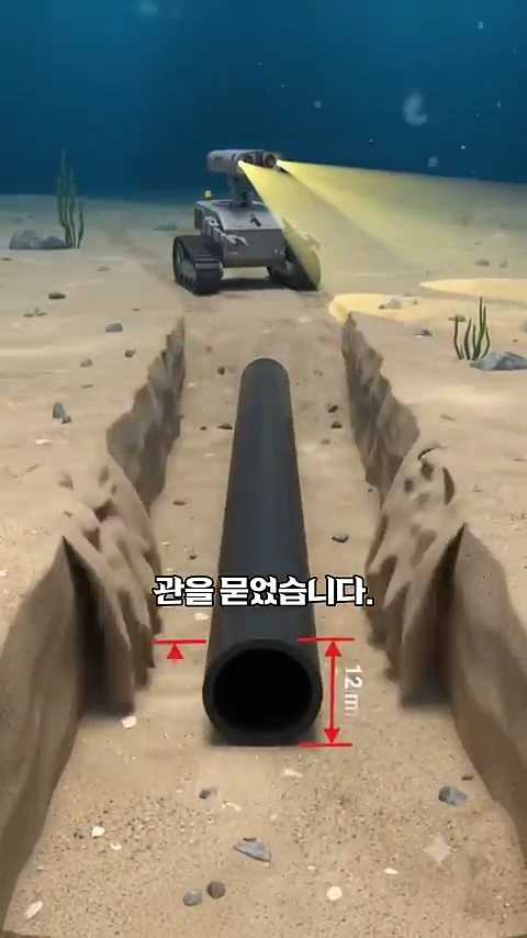 바닷속 모래 지형에 길게 매설된 검은색 수도관과, 그 뒤에서 작업하는 소형 로봇을 보여주는 3D 그래픽 영상 화면입니다.