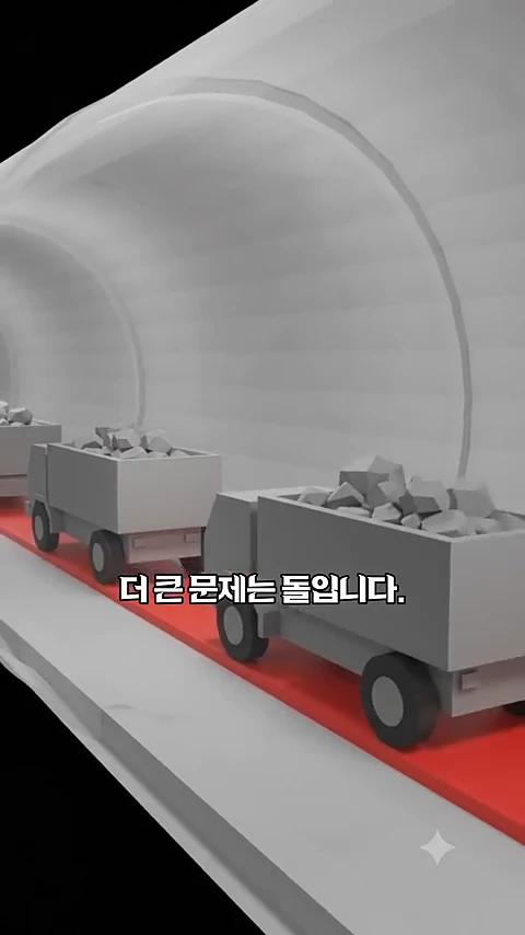터널 내부에서 덤프트럭들이 돌을 싣고 줄지어 나가는 모습을 보여주는 3D 애니메이션 그래픽.