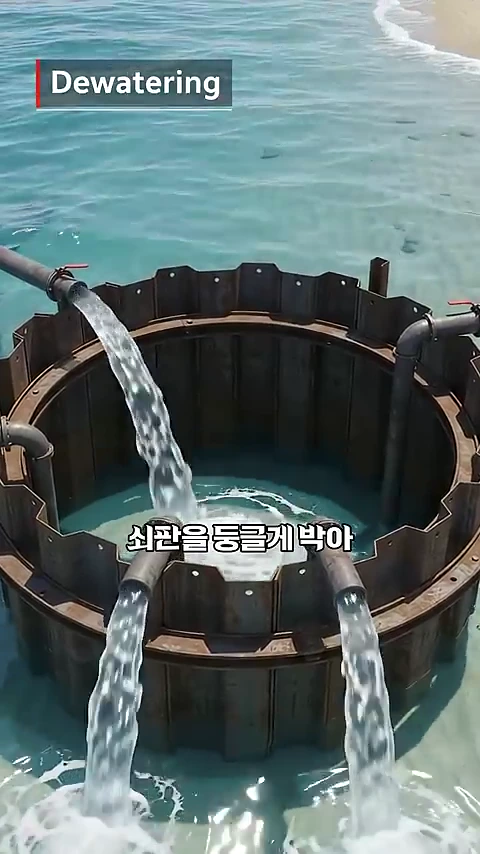 강물 속에 설치된 원형 강철 가물막이 안에서 배수관을 통해 물이 밖으로 뿜어져 나오는 모습