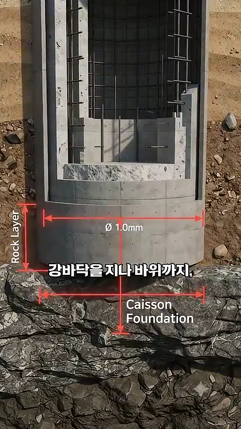 단면이 드러난 원통형 교각 기초 공사 현장을 보여주는 그래픽으로, 강바닥 아래 단단한 암반층까지 철근이 삽입된 구조가 묘사되어 있습니다.