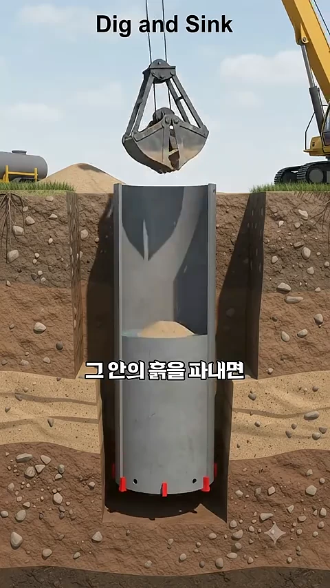 굴착기가 긴 원통형 구조물 내부의 흙을 퍼 올리는 모습을 보여주는 3D 단면 그래픽입니다.