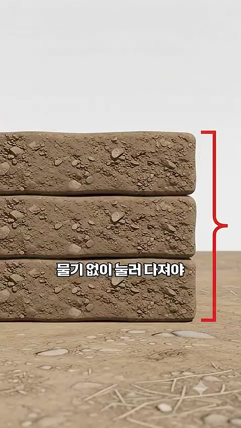 흙과 돌이 섞인 재료를 층층이 쌓아 올린 단면도를 보여주는 3D 그래픽 이미지이며, 오른쪽에 빨간색 중괄호와 함께 물기 없이 눌러 다져야 한다는 한글 문구가 적혀 있다.