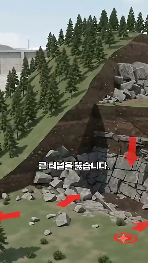 산비탈에 큰 구멍을 뚫는 과정을 보여주는 3D 그래픽 영상으로, 붉은 화살표가 물의 흐름을 유도하는 방향을 가리키고 있습니다.
