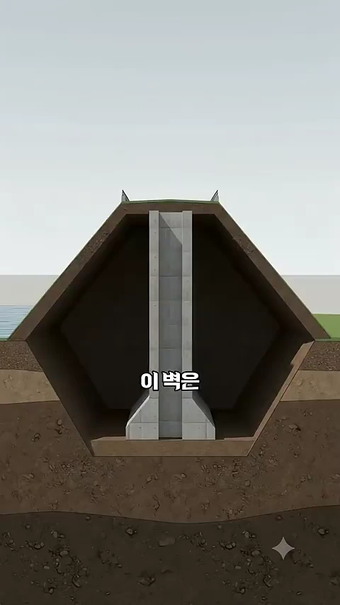 흙과 돌로 다져진 육각형 모양의 댐 단면도 중앙에 회색 콘크리트 코어 벽이 수직으로 세워져 있는 그래픽입니다.